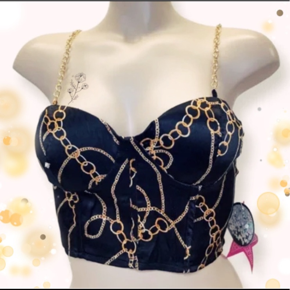 Black and Gold Crop Belly Top with Gold Chain Straps by Rabbit Rose